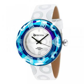 Hodinky Crystal Time Modern, modré s kruhy, bílý vzorovaný řemínek