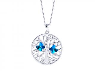 Stříbrný přívěsek Tree of Life, strom života, motýli s křišťálem Preciosa, modrý