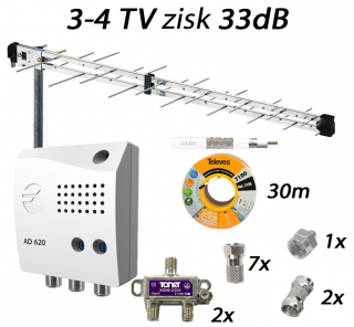 Anténní sestava pro 3-4 TV zisk 33 dB