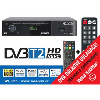 Mascom MC721T2PLUS, přijímač DVB-T2 HEVC se dvěma ovladači.