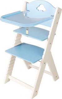 Dětská dřevěná jídelní židlička Sedees bílá - modrá s autíčkem