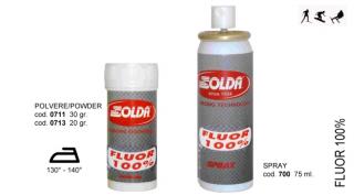 SOLDA FLUOR 100  powder  gr 20 (Závodní aditivum pro vlhkost vzduchu%: 50-100 - Teplota sněhu. 0°/-5°C - Teplota vzduchu +5°/-8°)