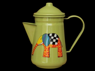 Smaltovaná konvice na kávu světle zelená motiv slon