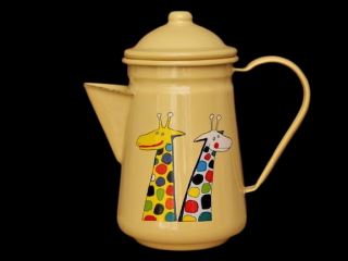 Smaltovaná konvice na kávu žlutá motiv žirafa