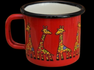Smaltovaný hrnek červený motiv žirafa