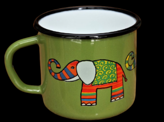 Smaltovaný hrnek zelený motiv slon