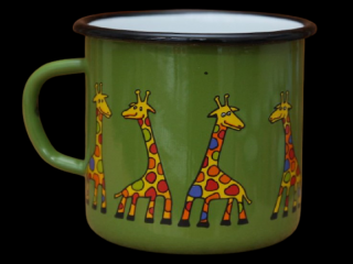 Smaltovaný hrnek zelený motiv žirafa (nižší jakost) Jakost: 2. jakost