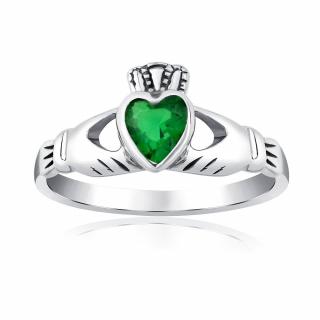Stříbrný prsten Claddagh se zeleným zirkonem