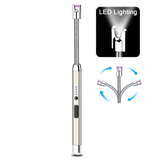 Handy 603 plazmový zapalovač USB s LED světlem / stříbrný (Krbový - kuchyňský BBQ kovový elektrický plazmový zapalovač, USB nabíjení, flexibilní.)