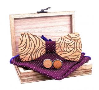 Dřevěný motýlek s kapesníčkem a manžetovými knoflíčky 709206
