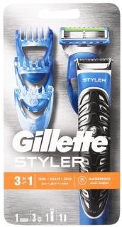 Gillette Fusion ProGlide Power Styler 3v1 bateriový holicí strojek se zastřihovačem + holicí hlavice + 3 x zastřihovací hřebínky + baterie, kosmetická sada