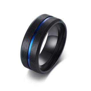 Prsten z chirurgické oceli Band černý s modrým středem R-376BL