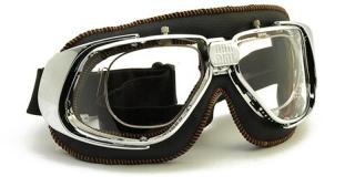 Moto brýle Rider 4V s dioptrickým rámečkem Barva zorníků: čirá protizamlžovací, Rám - kombinace: lesklý chrom/černá kůže/oranžové štepování