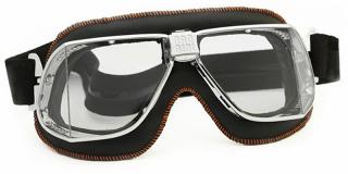Motocyklové brýle Custom Barva zorníků: čirá protizamlžovací, Rám - kombinace: lesklý chrom/černá kůže/oranžové štepování