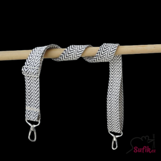 Bílo černý popruh 4 cm cikcak, niklové kování
