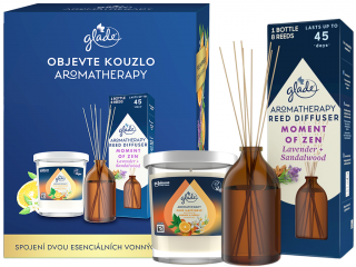 Glade – Aromatherapy dárková sada svíčka Pure Happiness (Čisté štěstí) a difuzér s tyčinkami Moment of Zen (Chvíle klidu)