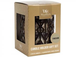 WoodWick – dárková sada 3 ks svíčky Petite Candle s vůní Fireside (Oheň v krbu) a svícen Geometric