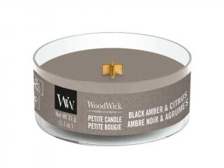 WoodWick – Petite Candle vonná svíčka Black Amber & Citrus (Černá ambra a citrusy), 31 g