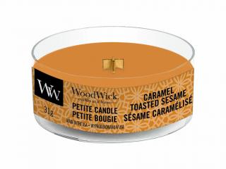 WoodWick – Petite Candle vonná svíčka Caramel Toasted Sesame (Sezamové sušenky s karamelem), 31 g