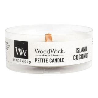 WoodWick – Petite Candle vonná svíčka Island Coconut (Kokosový ostrov), 31 g