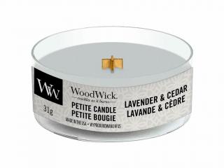 WoodWick – Petite Candle vonná svíčka Lavender & Cedar (Levandule a cedr), 31 g