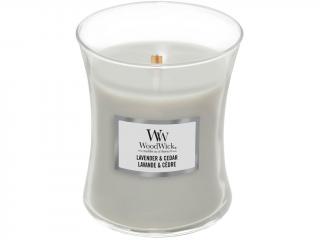WoodWick – vonná svíčka Lavender & Cedar (Levandule a cedr), 275 g
