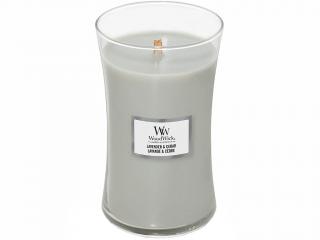 WoodWick – vonná svíčka Lavender & Cedar (Levandule a cedr), 609 g