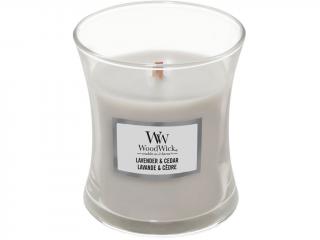 WoodWick – vonná svíčka Lavender & Cedar (Levandule a cedr), 85 g