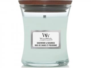 WoodWick – vonná svíčka Sagewood & Sea Grass (Šalvějové dřevo a mořská tráva) Velikost: střední 275 g