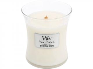 WoodWick – vonná svíčka White Tea & Jasmine (Bílý čaj a jasmín), 275 g