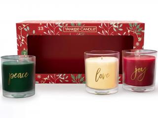 Yankee Candle – vánoční dárková sada vonné svíčky PEACE, LOVE a JOY, 3 x 226 g