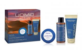 Erboristica UOMO Active Kosmetická sada pro muže – sprchový gel a šampon 2v1 100 ml, balzám po holení 100 ml, tuhé mýdlo 50 g