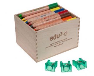 EDU3 First extra měkké kulaté pastelky ve dřevě, tuha 8 mm, H48 48ks + 3 ořezávátka ve stojanu ze dřeva