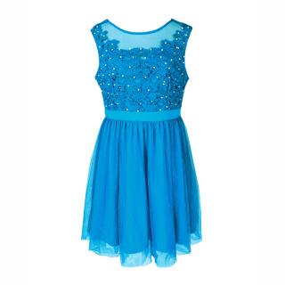 A Plesové šaty krátké s krajkou modré s perličkami 45-2 Velikost: 36 / 04 / 08