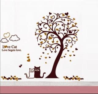 Dětské samolepky na zeď Strom lásky se srdíčky a kočičkami (arch 60x90)