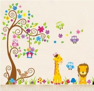 Dětské samolepky na zeď Strom, sovičky, zvířata (2x60x90) (AKCE SLEVA)