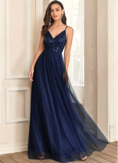 Šaty slavnostní dívčí teens a dámské EP modré tmavé ramínka dlouhé plesové svatební šaty (EE50090NB04)