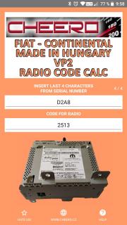 RADIO CODE FOR FIAT TIPO CONTINENTAL VP2 HUNGARY (autorádio)