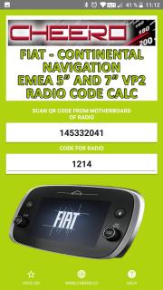 RADIO CODE FOR FIAT VP2 NAVI EMEA CONTINENTAL - FIAT 312 7in FIAT 334 7in (autorádio)