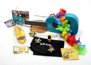 Barevný sopránový ukulele balíček (sopráno ukulele, učebnice, ladička, náhradní struny, popruh, přáničko.)