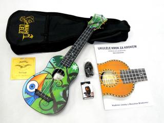Sopránové ukulele balíček MAHILELE ML3-001 Bluebird (Ukulele, pouzdro, ladička, popruh, nahradní struny a učebnice)
