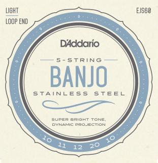 Struny na 5. strunní banjo D´ADDARIO EJS60 Loop end (Ocelové struny 10, 11, 12, 20w, 10)