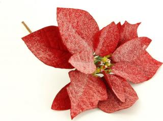 Vánoční růže, poinsécie , umělá květina vazbová, červená zasněžená