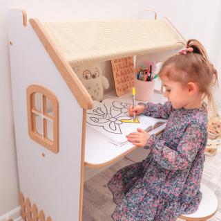 Dětský psací stůl domeček - přírodní kostka