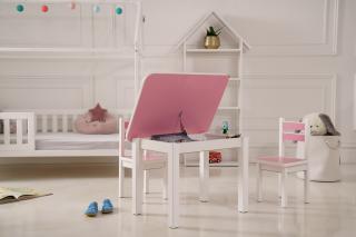 Dětský stolek a dvě židličky s přihrádkami v růžovém odstínu