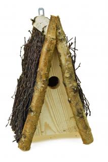 Dřevěná budka pro ptáky se střechou z březových větviček, 18 x 17 cm