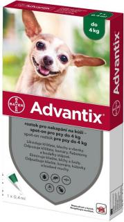 Advantix Spot On 1x0,4ml pro psy do 4kg (1 pipeta) (Antiparazitární přípravek pro psy trpasličích plemen (4-10kg). Proti klíšťatům, blechám, komárům, bodavým mouchám a všenkám.)