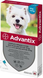 Advantix Spot On 1x1ml pro psy 4-10kg (1 pipeta) (Antiparazitární přípravek pro psy malých plemen (4-10kg). Proti klíšťatům, blechám, komárům, bodavým mouchám a všenkám.)
