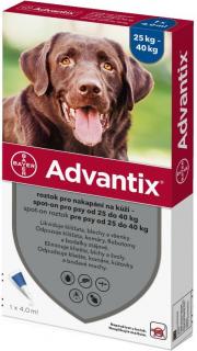 Advantix Spot On 1x4ml pro psy nad 25-40kg (1 pipeta) (Antiparazitární přípravek pro psy velkých plemen (25-40kg). Proti klíšťatům, blechám, komárům, bodavým mouchám a všenkám.)