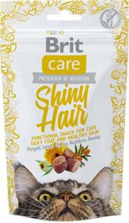 Brit Care Cat Snack Shiny Hair 50g (Funkční pamlsek pro sametovou srst a zdravou pokožku s obsahem měsíčku, lososového oleje a rakytníku. Zlepšuje kvalitu srsti a pokožky. Doplňkové krmivo pro kočky – losos.)